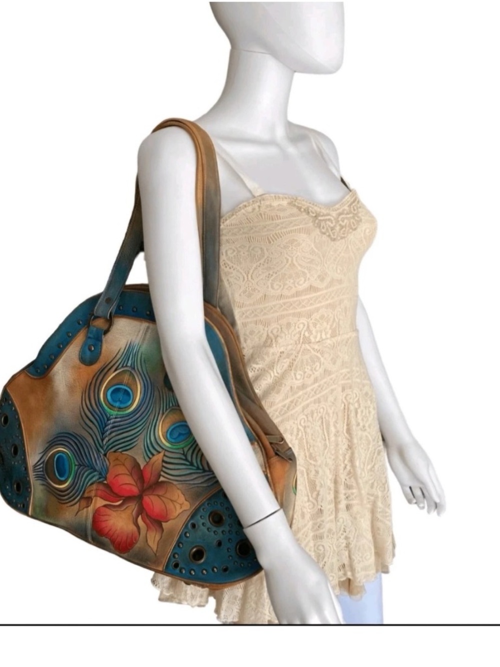 Anuschka Hand-Painted Peacock Feather Hibiscus Flower Hobo Extra Large Satchel - Picture 3 of 14